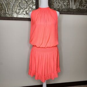 Ramy Brook Neon Coral Dany Smocked Waist Sleeveless Mini Dress Small Resortwear